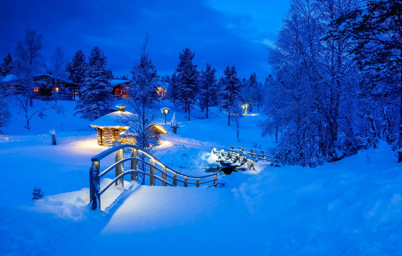 Photo wallpaper winter, snow, trees, bridge, village, the snow, Finland, Finland