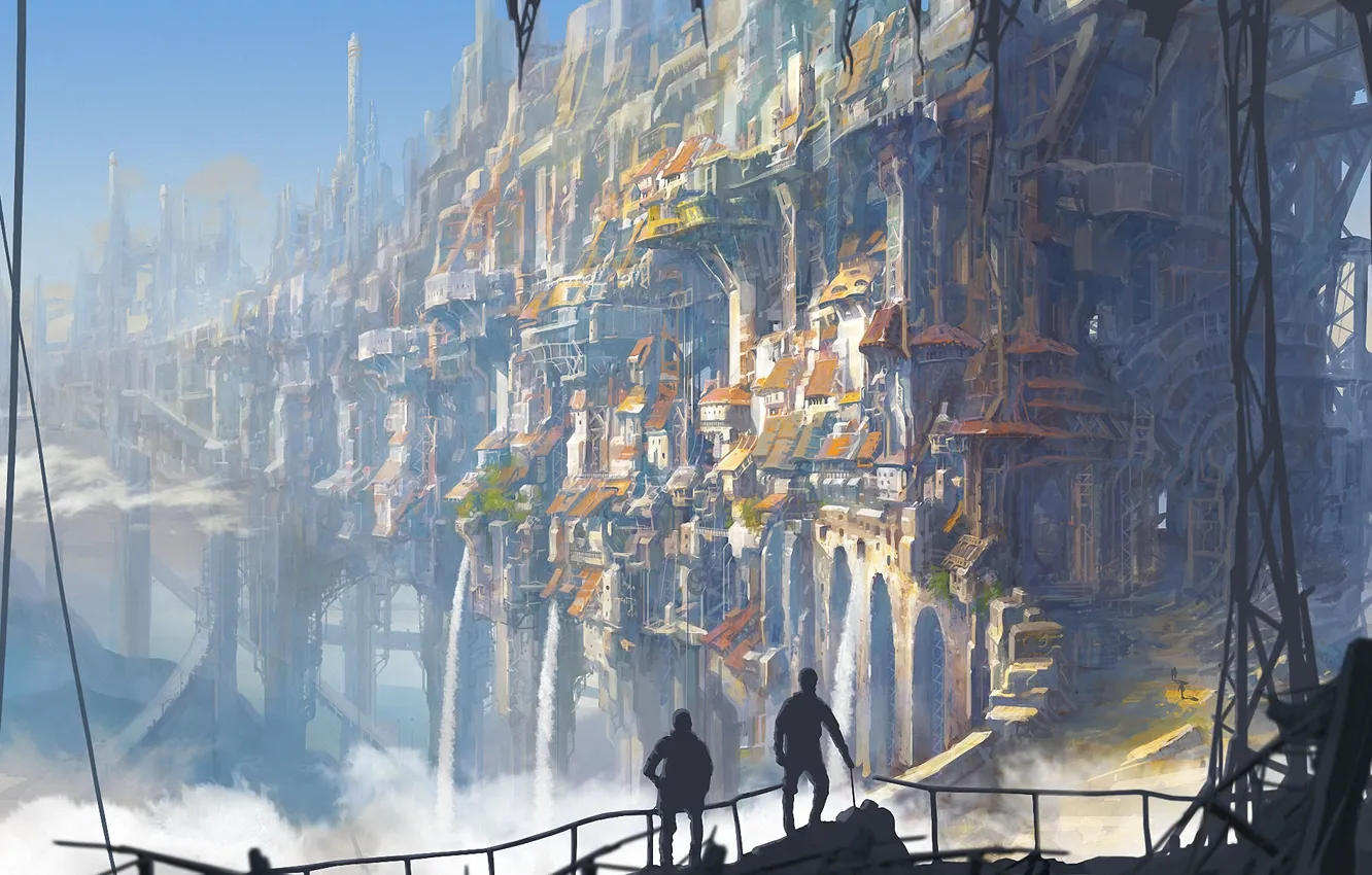 Photo wallpaper bridge, the city, people, waterfall, home, art, giant, Minseub Young