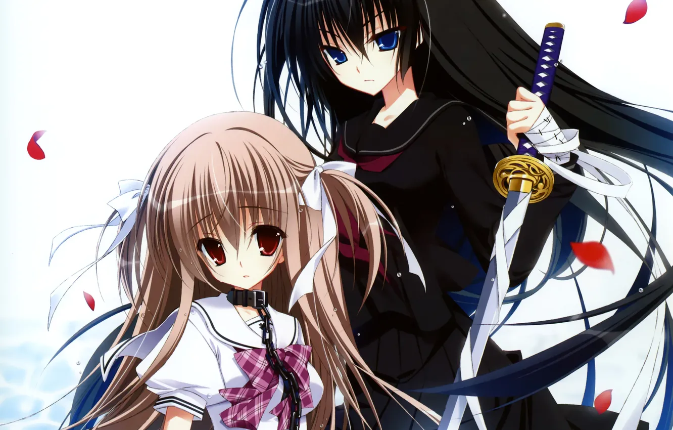 Photo wallpaper girl, weapons, katana, anime, petals, art, chain, tape