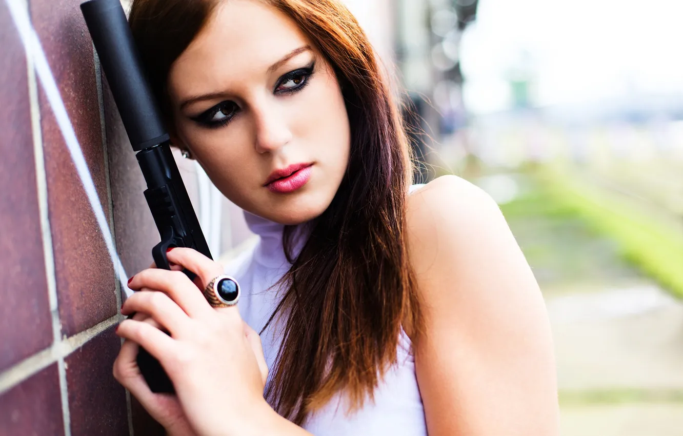 Photo wallpaper girl, gun, weapons, wall, muffler