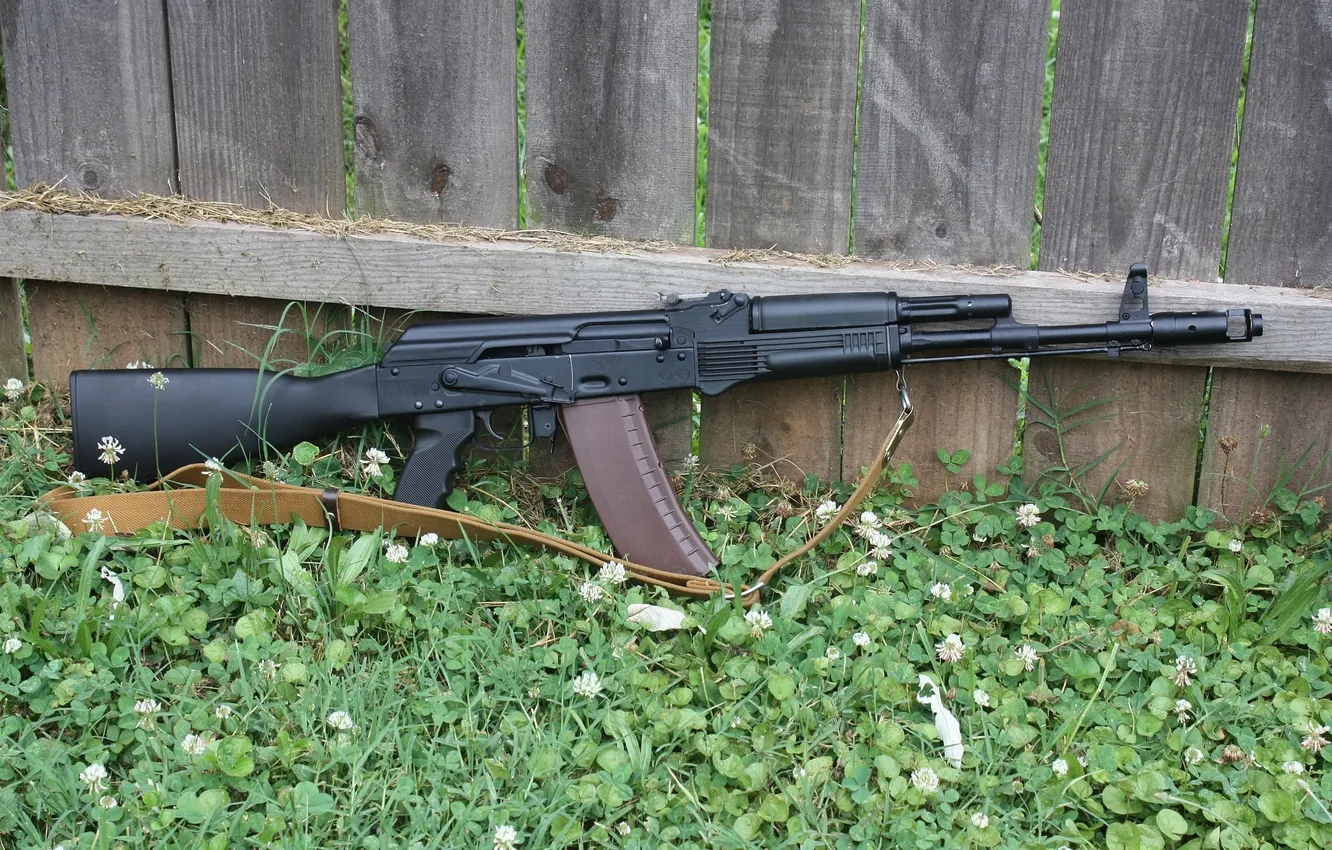 Photo wallpaper grass, wood, rifle assault