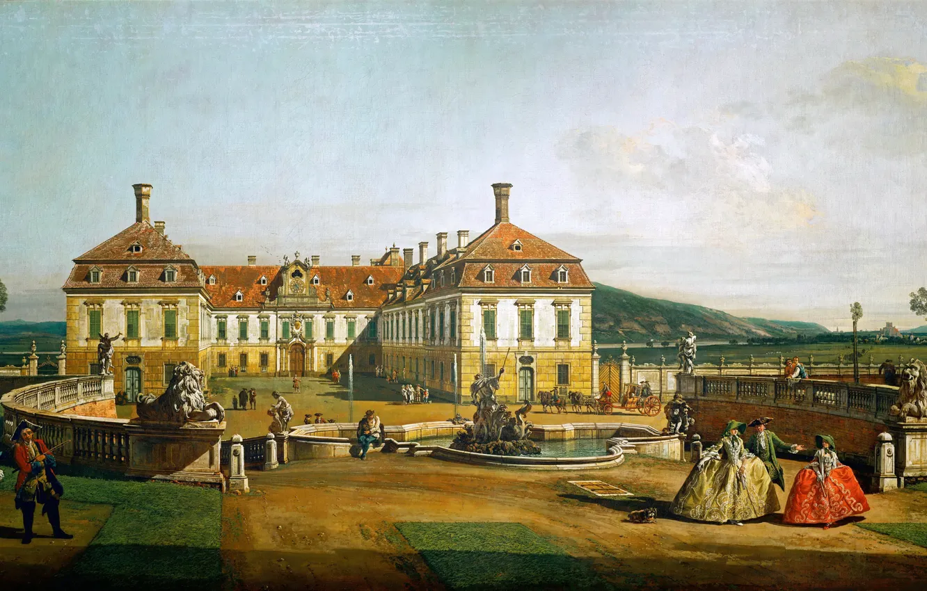 Photo wallpaper landscape, Park, castle, people, picture, Schloss Hof, Bernardo Belotto