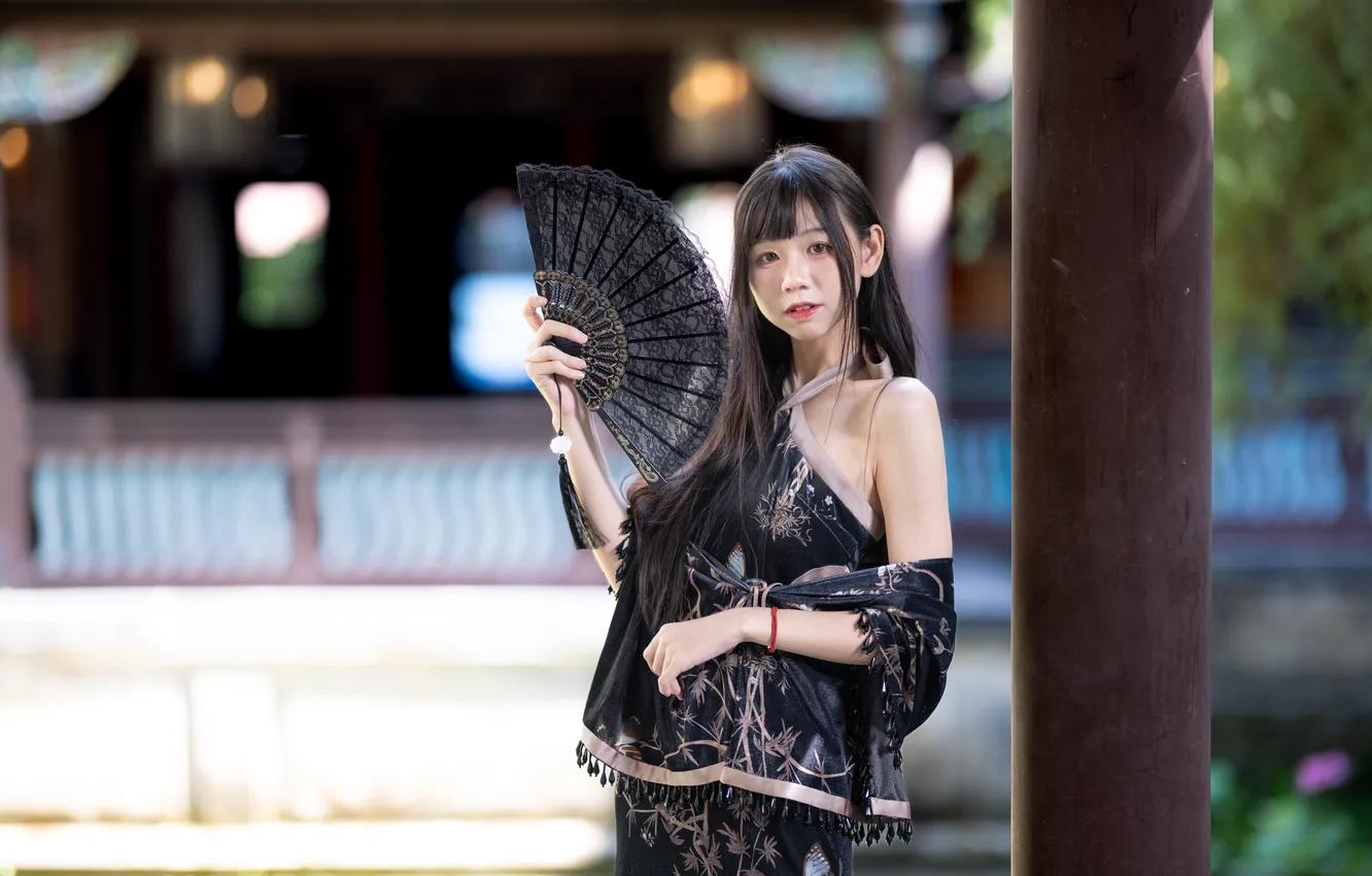 Photo wallpaper girl, dress, fan, Asian
