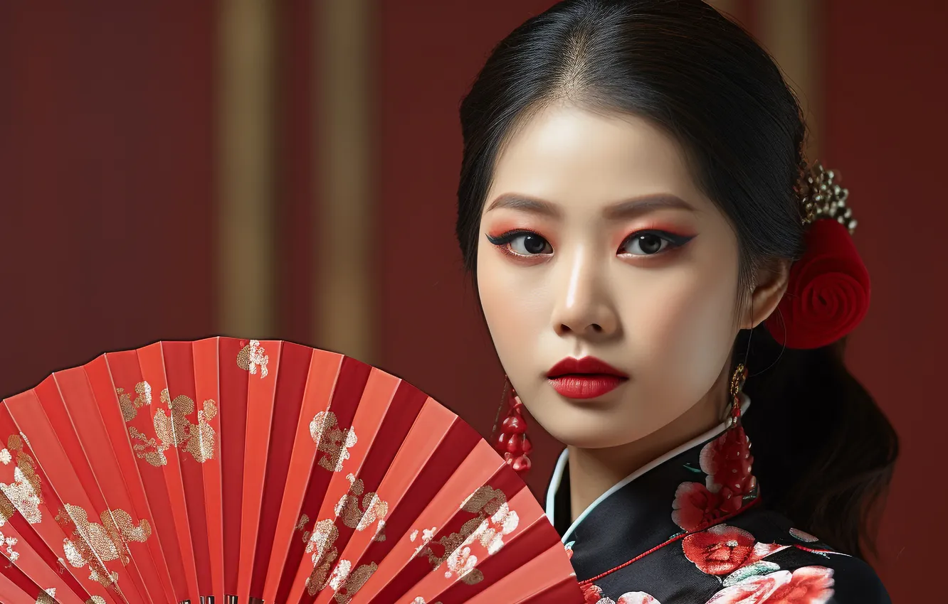 Photo wallpaper look, girl, face, portrait, makeup, fan, geisha, Asian