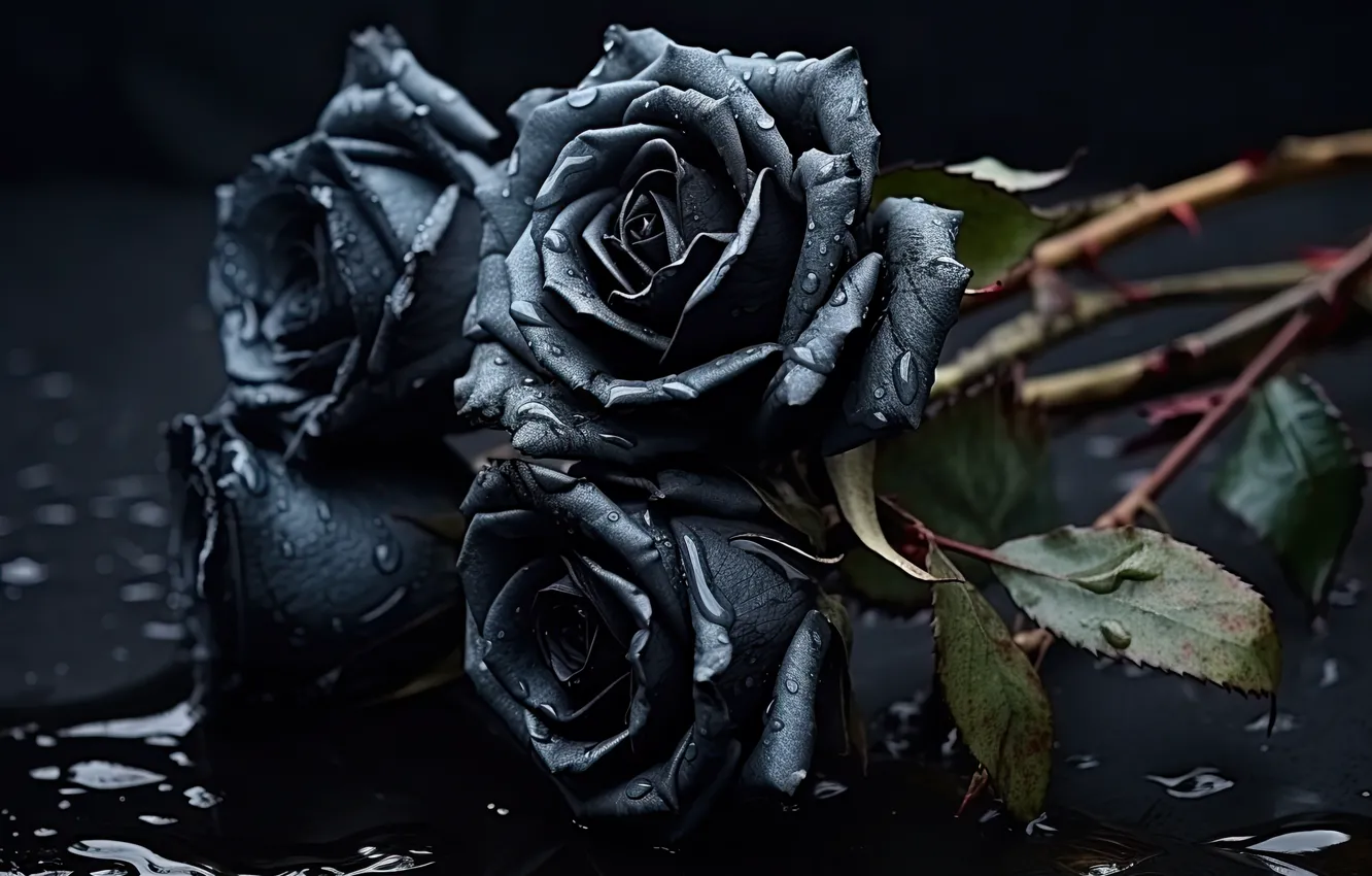 Photo wallpaper black, flowers, bouquet, AI art, roses, neural network