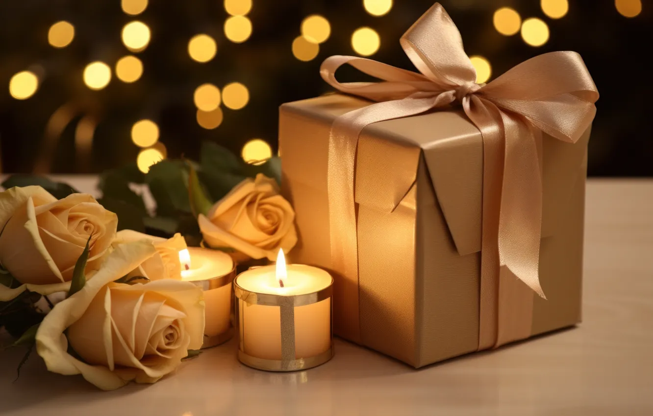 Photo wallpaper flowers, birthday, holiday, gift, roses, bouquet, candles, bow