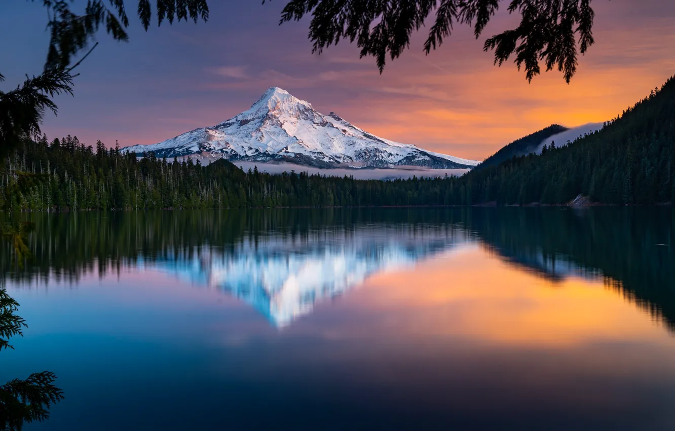 Photo wallpaper forest, sunset, lake, reflection, mountain, Oregon, Oregon, Mount Hood