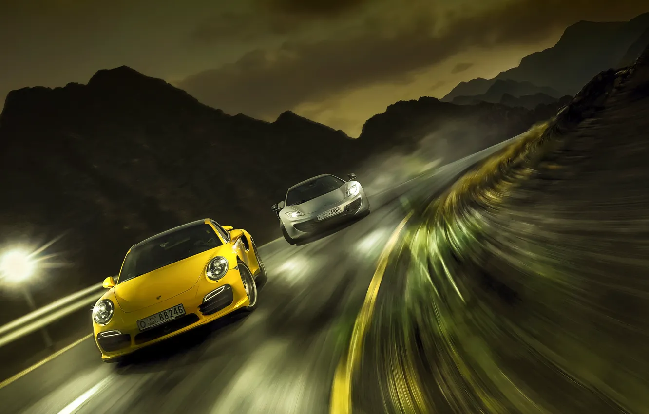 Photo wallpaper race, speed, Porsche 911 turbo, mclaren mp4-12 spyder
