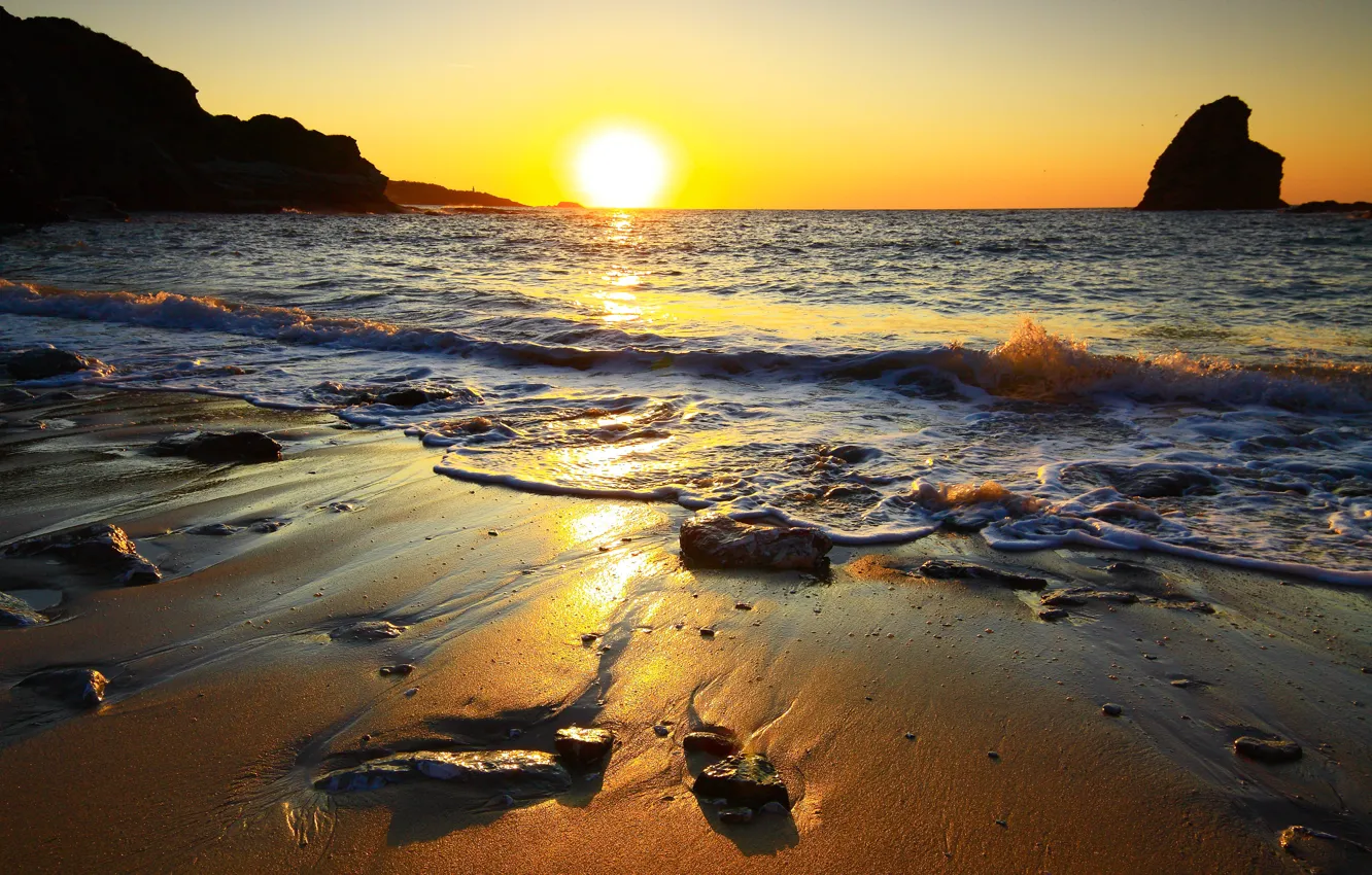 Photo wallpaper sea, the sky, the sun, sunset, stones, rocks