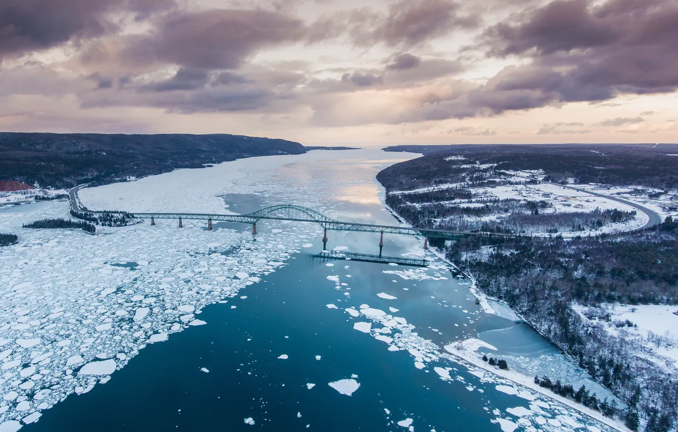 Photo wallpaper ice, bridge, Canada, panorama, channel, Canada, Nova Scotia, Nova Scotia