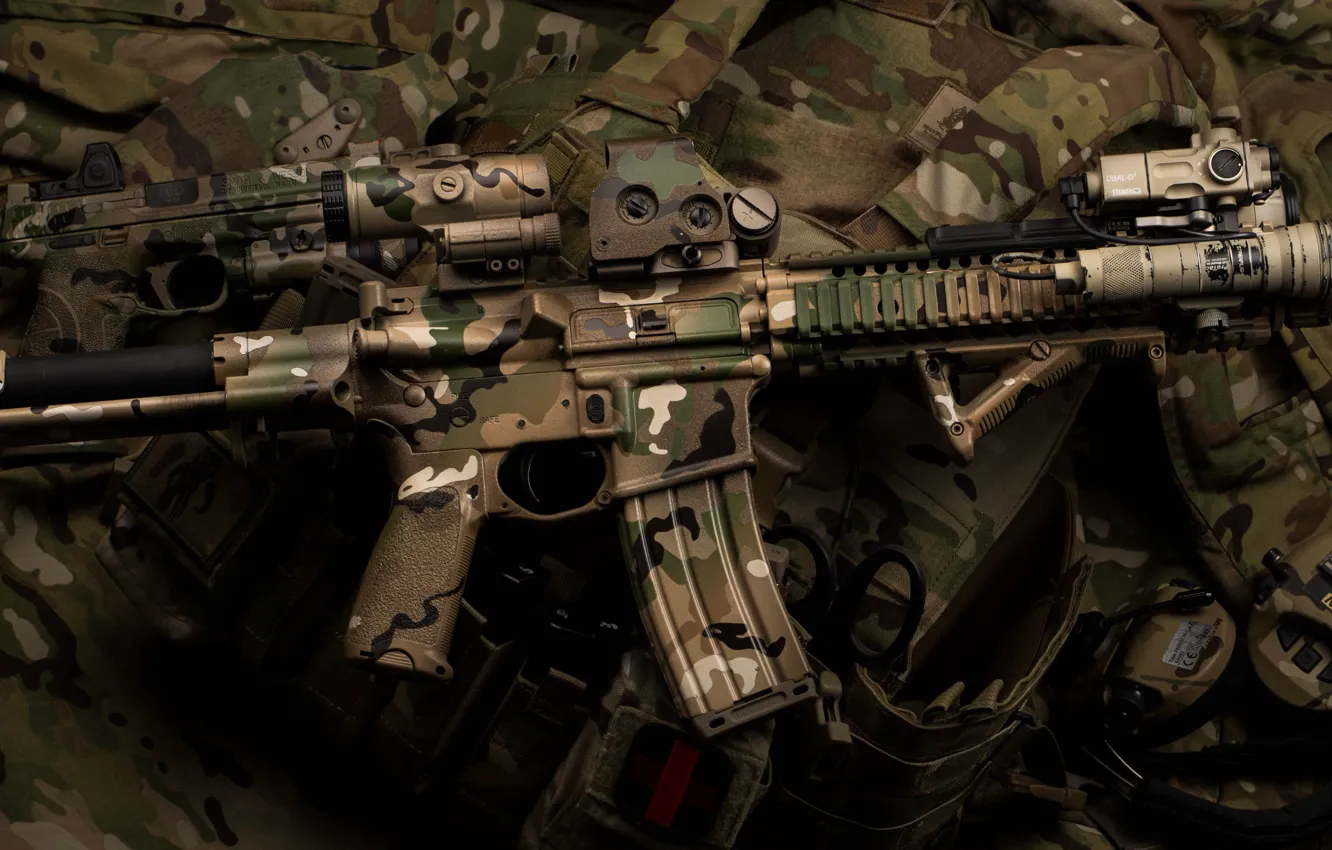 Photo wallpaper design, background, camouflage, carabiner, assault rifle