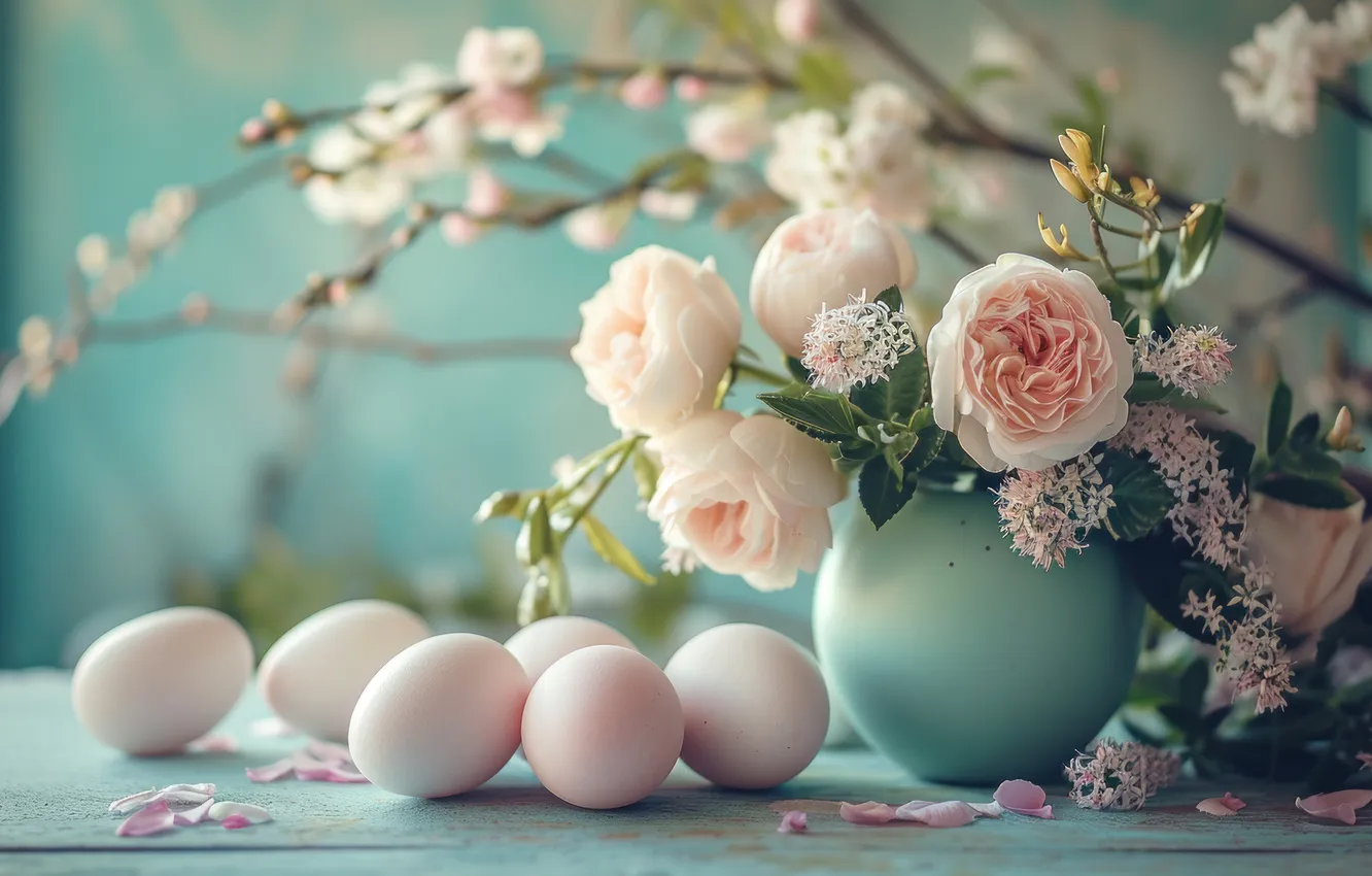 Photo wallpaper flowers, holiday, eggs, bouquet, spring, Easter, tulips, AI art