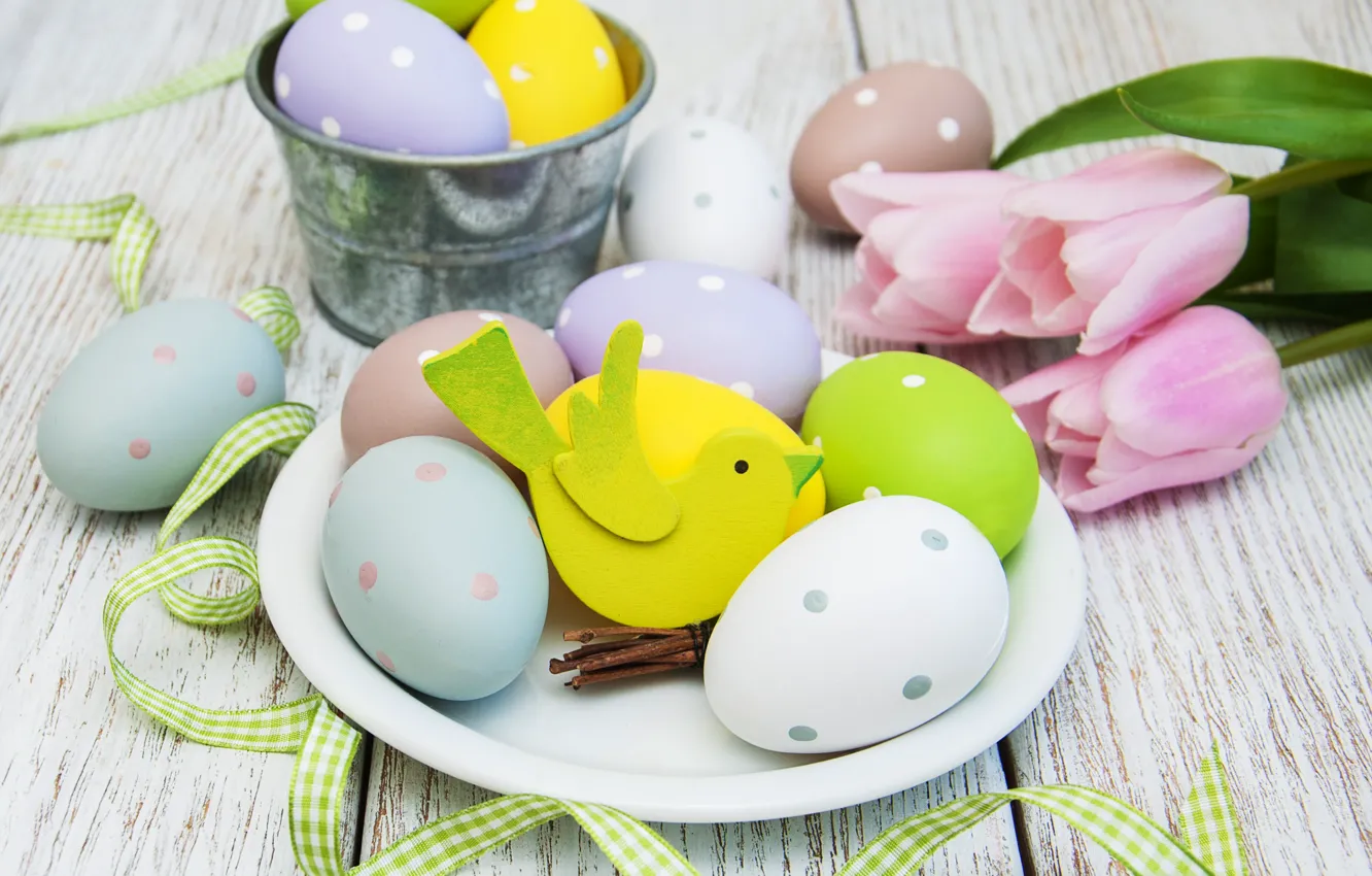 Photo wallpaper flowers, eggs, spring, colorful, Easter, tulips, wood, pink