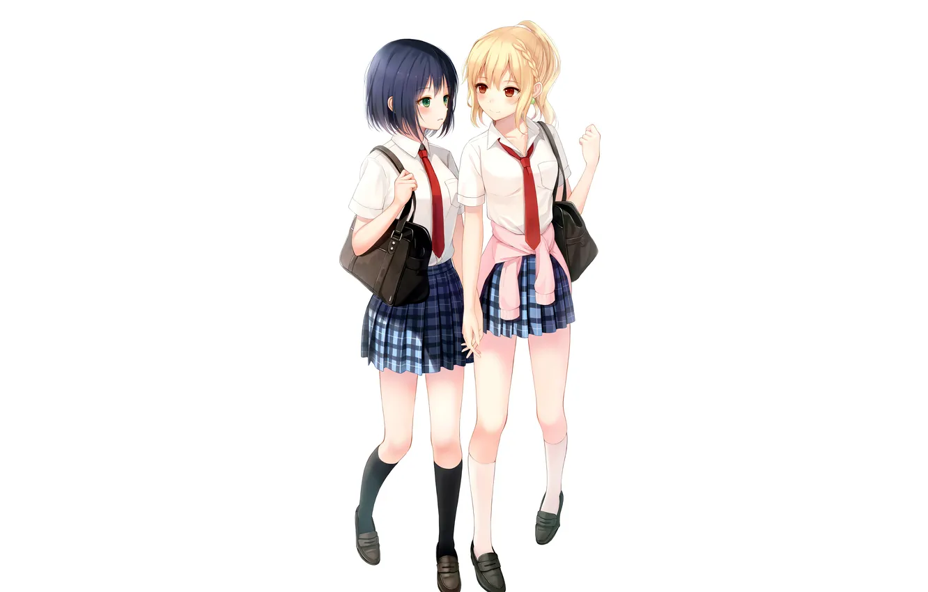 Photo wallpaper school uniform, green eyes, legs, girls, anime, beautiful, red eyes, short hair