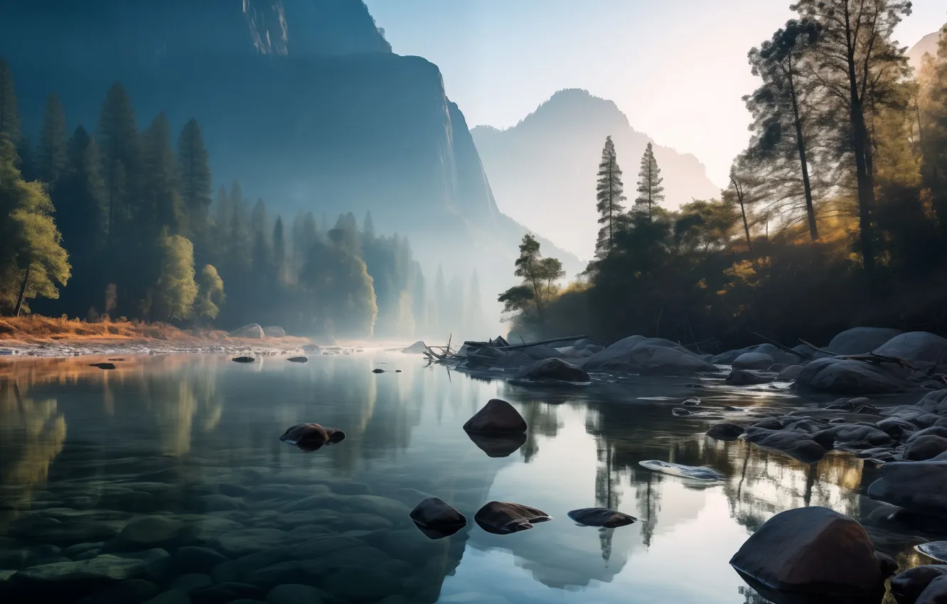 Photo wallpaper forest, river, trees, water, art, mountains, rocks, reflection
