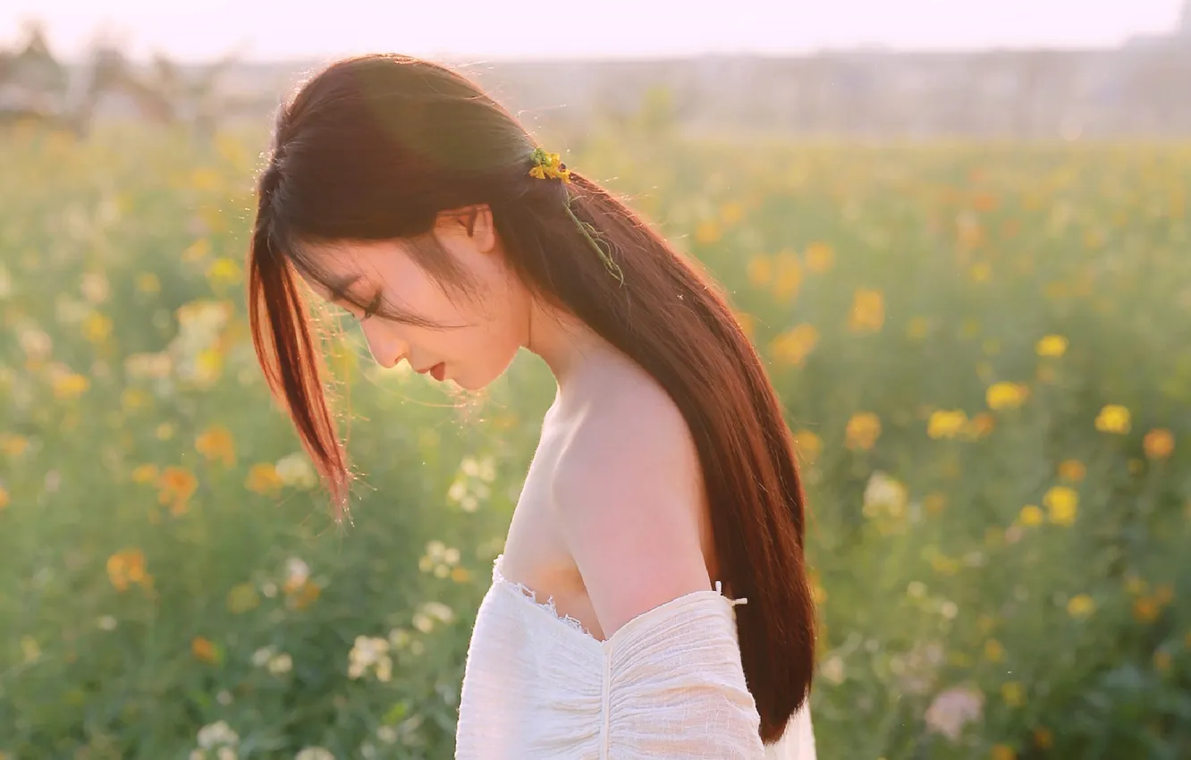 Photo wallpaper Beautiful, Asian, Model, Flowers, Woman, Back, Cute, Pretty