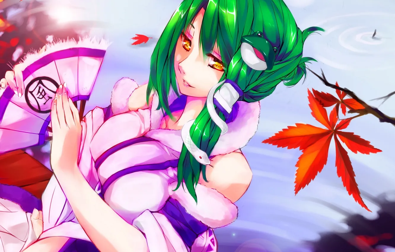 Photo wallpaper autumn, look, leaves, water, girl, smile, fan, neckline