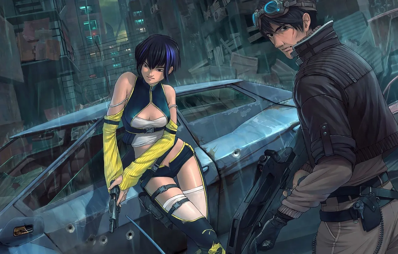 Photo wallpaper machine, girl, weapons, glasses, male, art, short hair, looking at the viewer