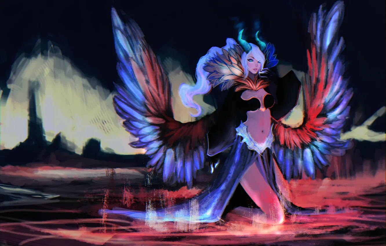 Photo wallpaper girl, bird, wings, feathers