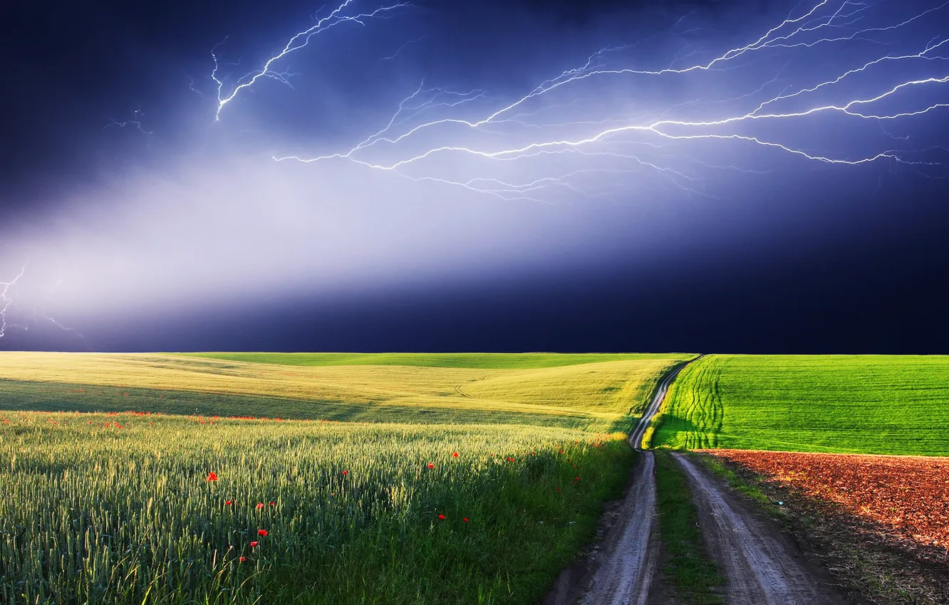 Photo wallpaper road, field, the sky, clouds, lightning, plain, thunder, RUMBLINGS