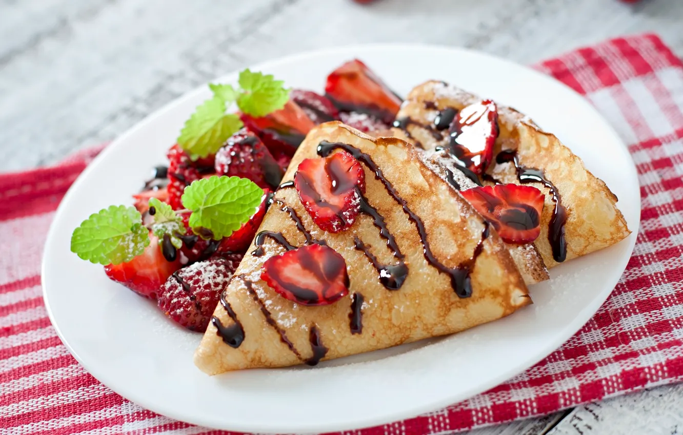 Photo wallpaper berries, towel, strawberry, plate, pancakes, mint, pancakes, submission