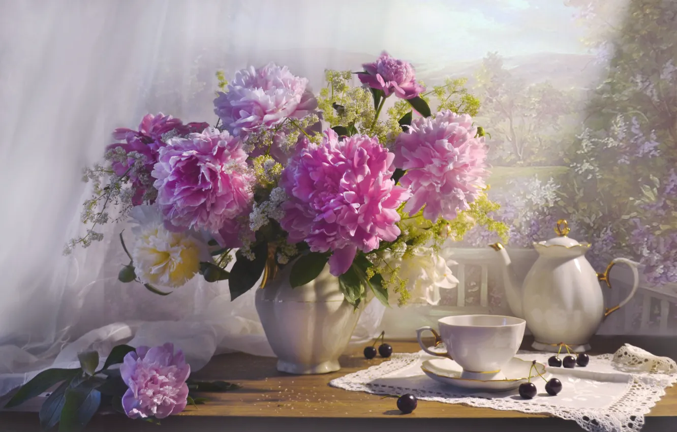 Photo wallpaper cherry, bouquet, kettle, Cup, peonies