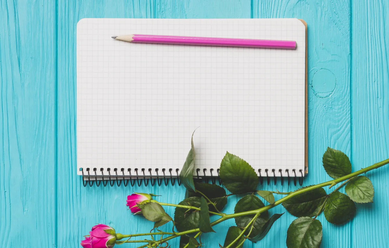 Photo wallpaper flowers, roses, spring, Notepad, pencil, Board, buds, wood