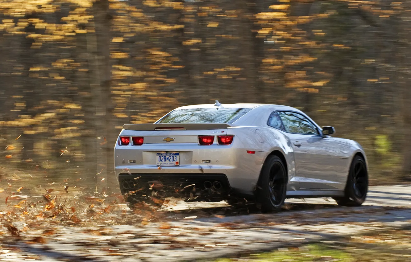Photo wallpaper road, autumn, leaves, speed, silver, Chevrolet, camaro, rear view