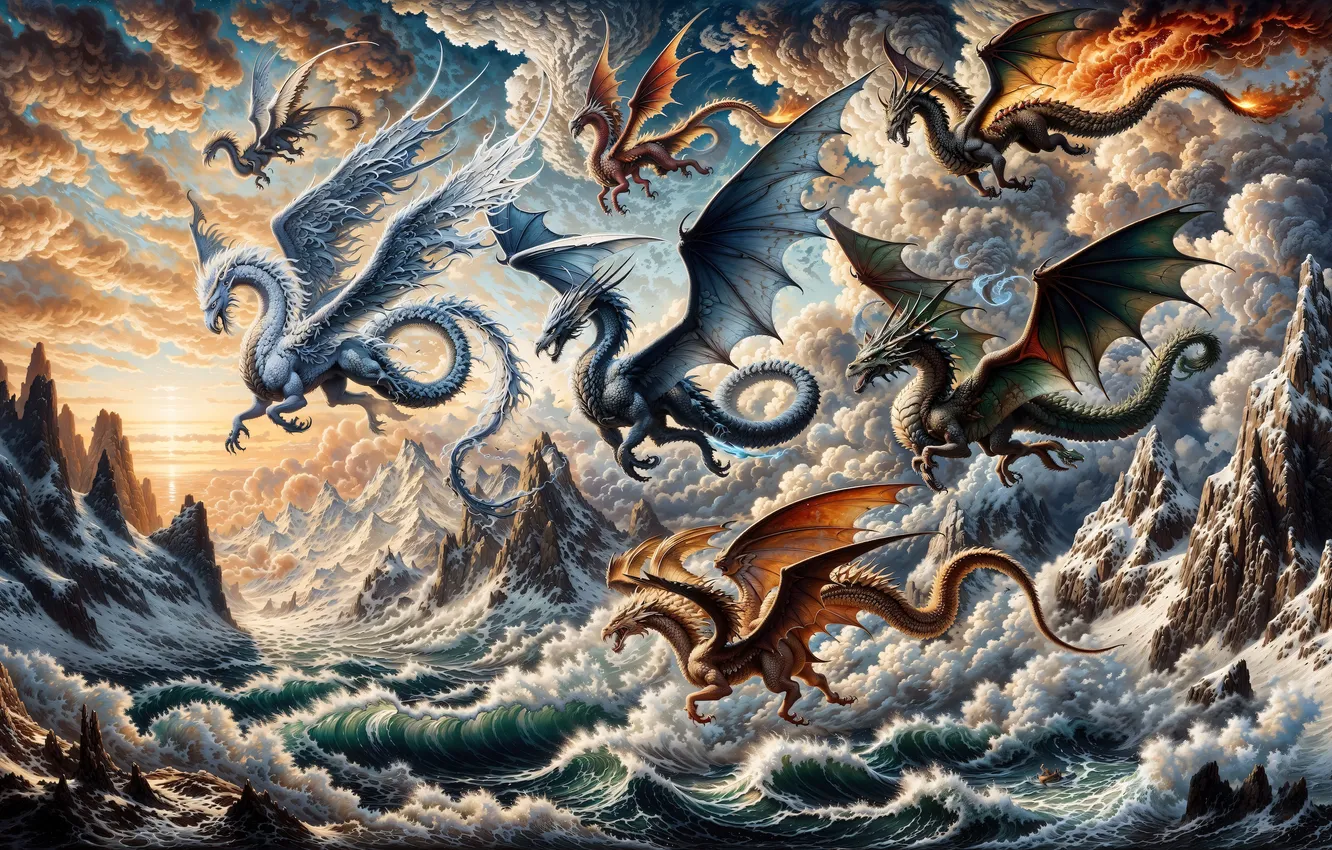 Photo wallpaper wave, water, clouds, flight, rocks, dragon, wings