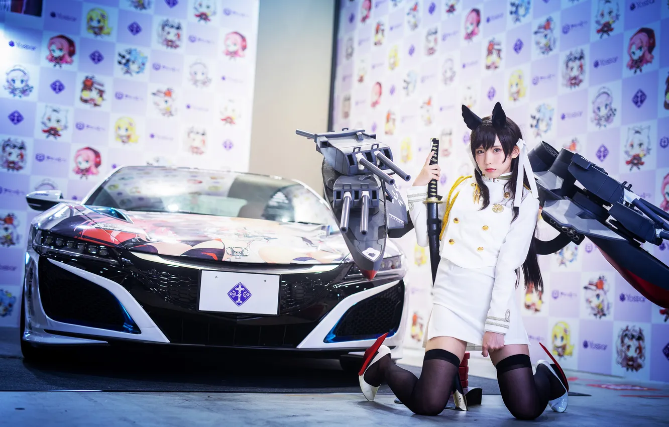 Photo wallpaper weapon, katana, women, cosplay, asian, high heels, looking at viewer, women with cars
