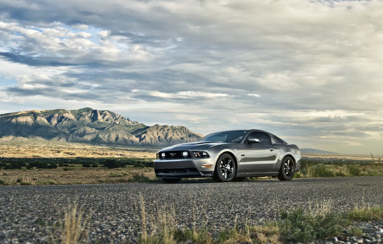 Photo wallpaper the sky, mountains, Mustang, Ford, Mustang, silver, muscle car, 5.0