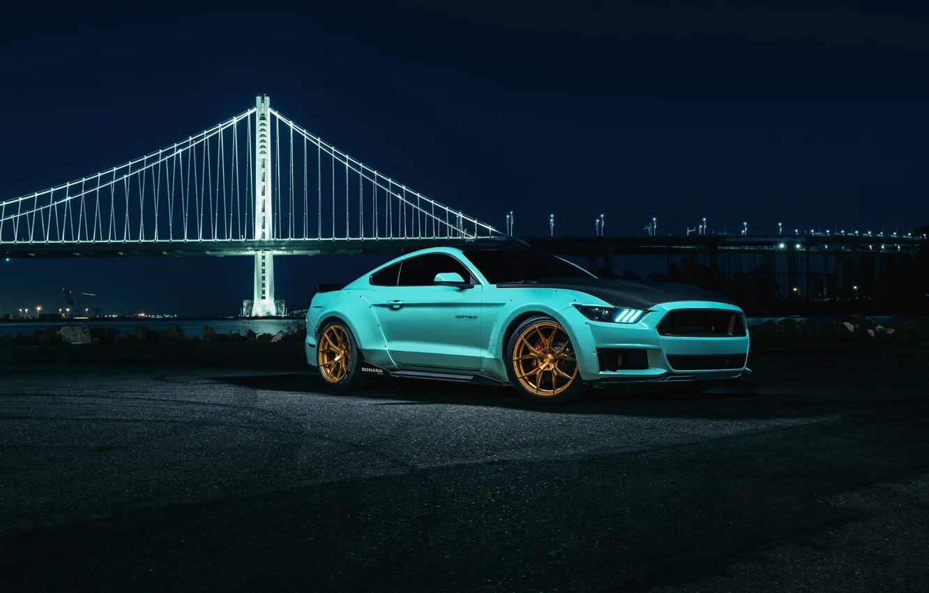 Photo wallpaper Mustang, Ford, Blue, Bridge, Night, Wheels, Rohana