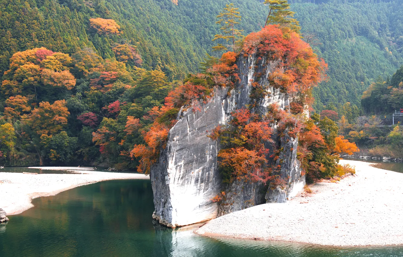 Photo wallpaper autumn, trees, mountains, rock, lake
