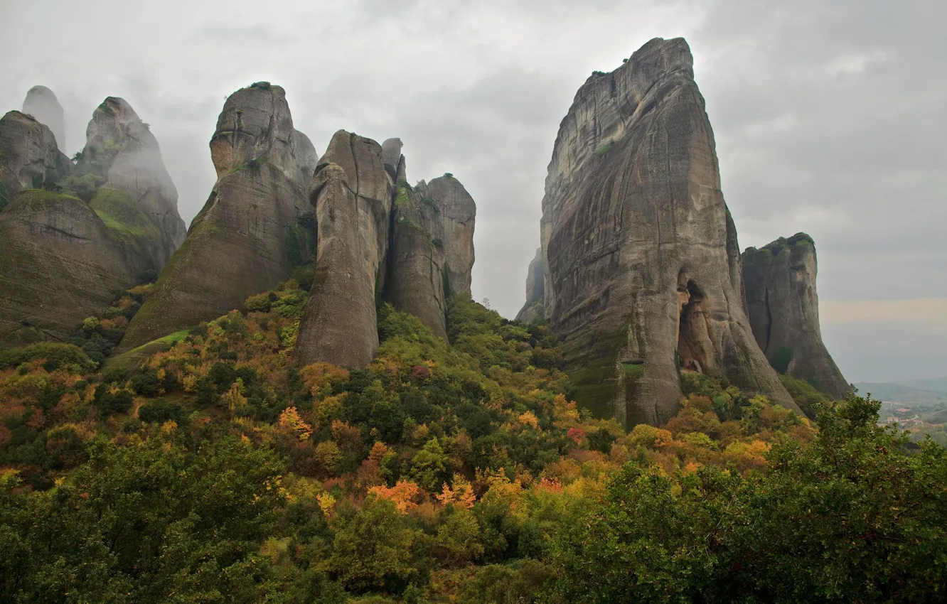 Photo wallpaper autumn, the sky, clouds, trees, mountains, rocks, Greece, Meteors