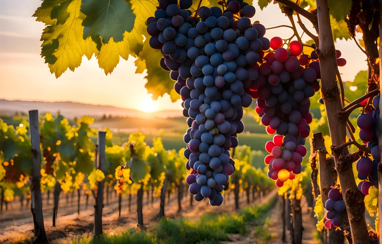 Photo wallpaper leaves, light, branches, garden, harvest, fruit, grapes, vineyard