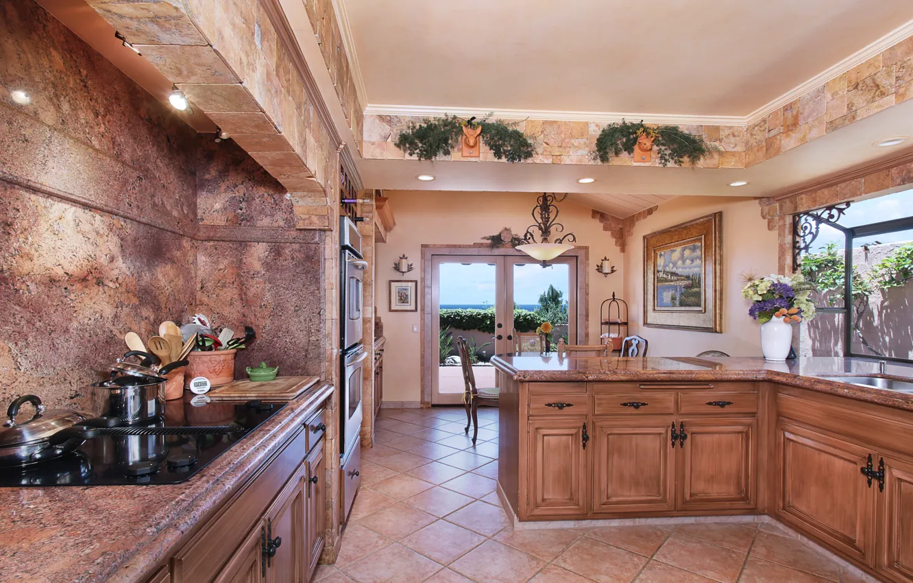 Photo wallpaper flowers, design, stones, photo, interior, kitchen