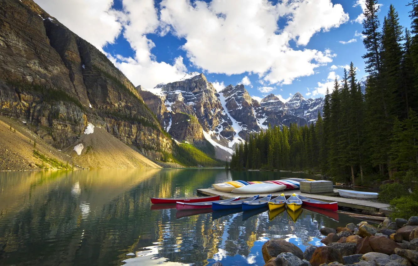 Photo wallpaper trees, mountains, lake, reflection, Marina, boats, Canada, Albert