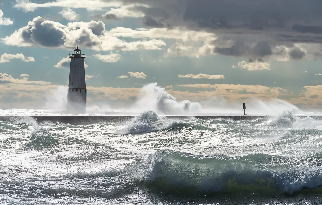 Photo wallpaper sea, wave, lighthouse