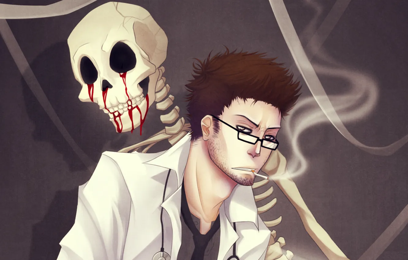 Photo wallpaper smoke, glasses, cigarette, skeleton, male, naimane