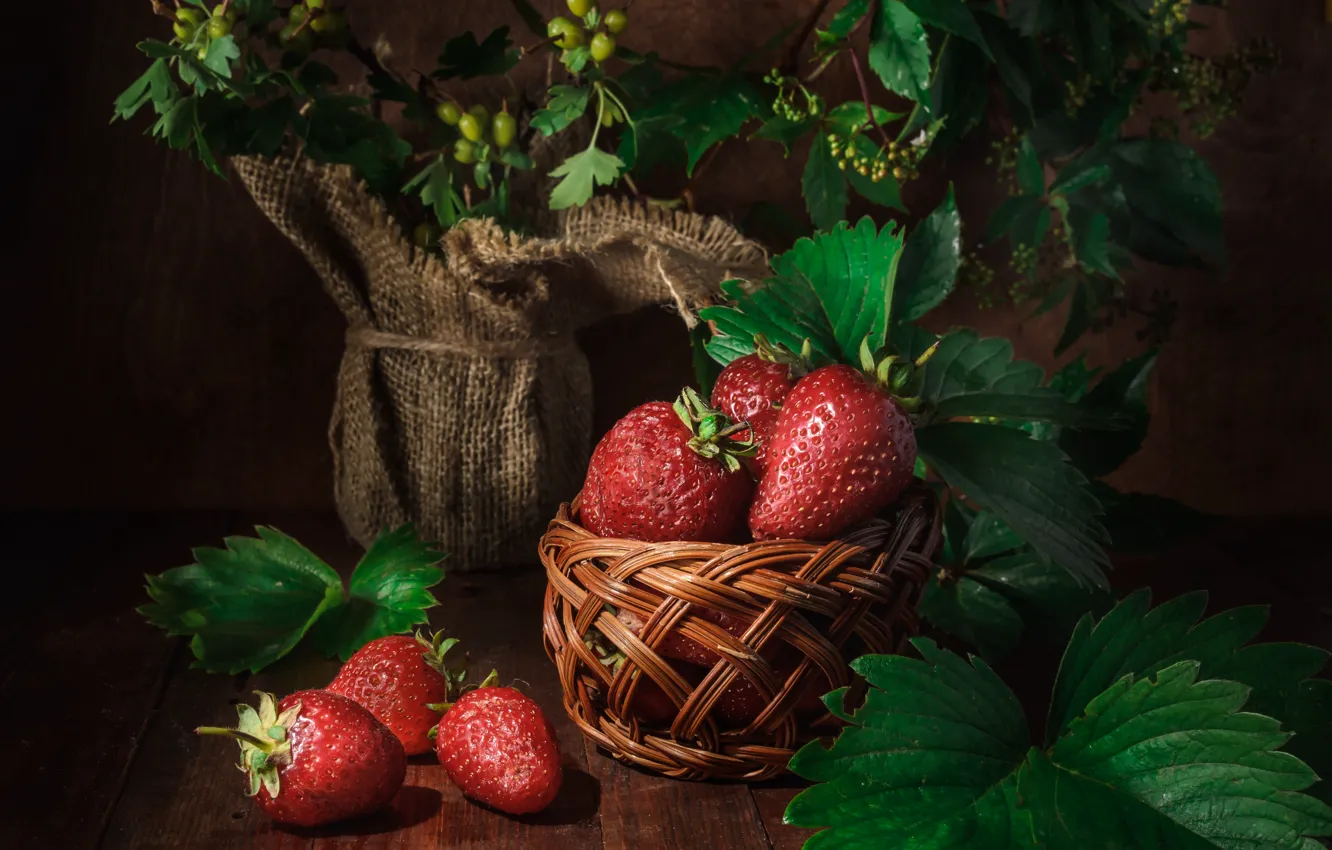 Photo wallpaper leaves, berries, strawberry, still life, burlap