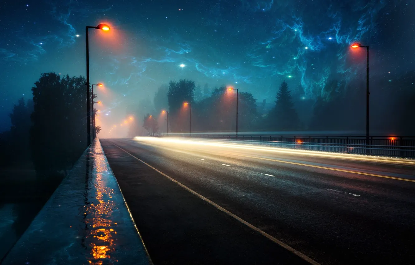 Photo wallpaper road, space, light, landscape, lights, rain, the evening, space