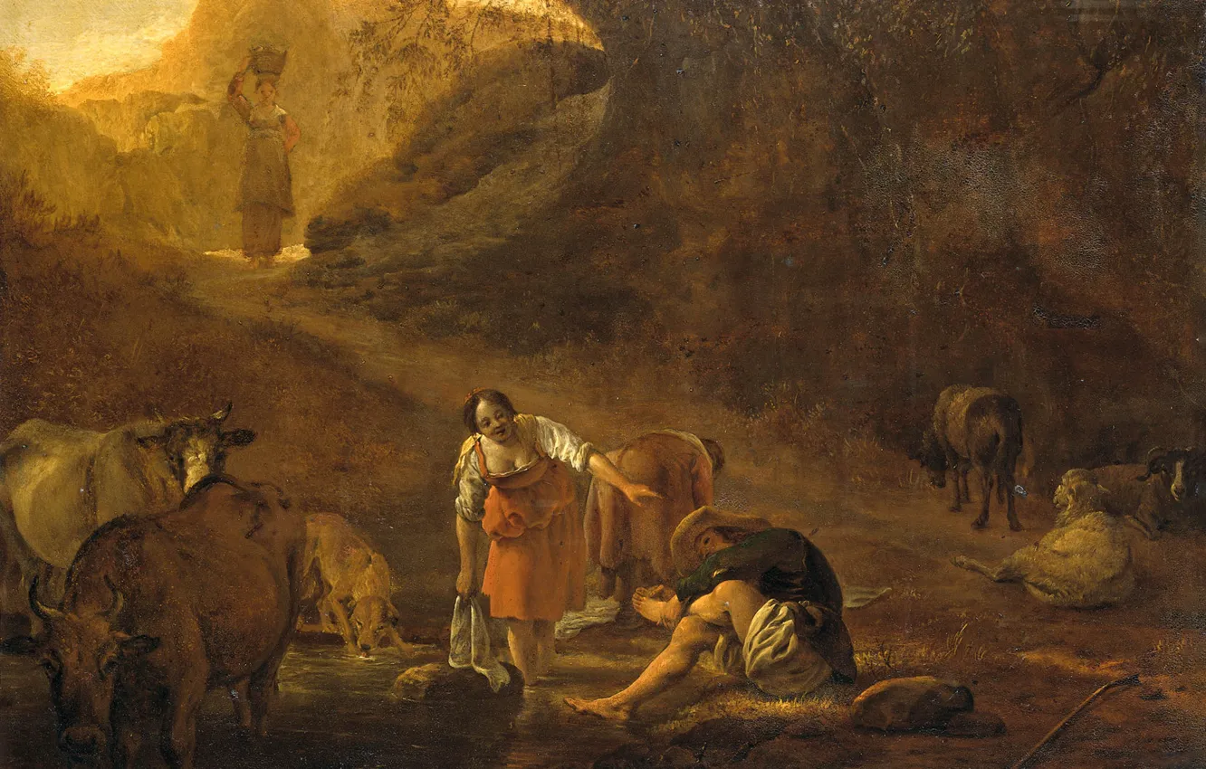 Photo wallpaper oil, picture, Peter van Lar, 1642, A shepherd and a Washerwoman at the Source, By …