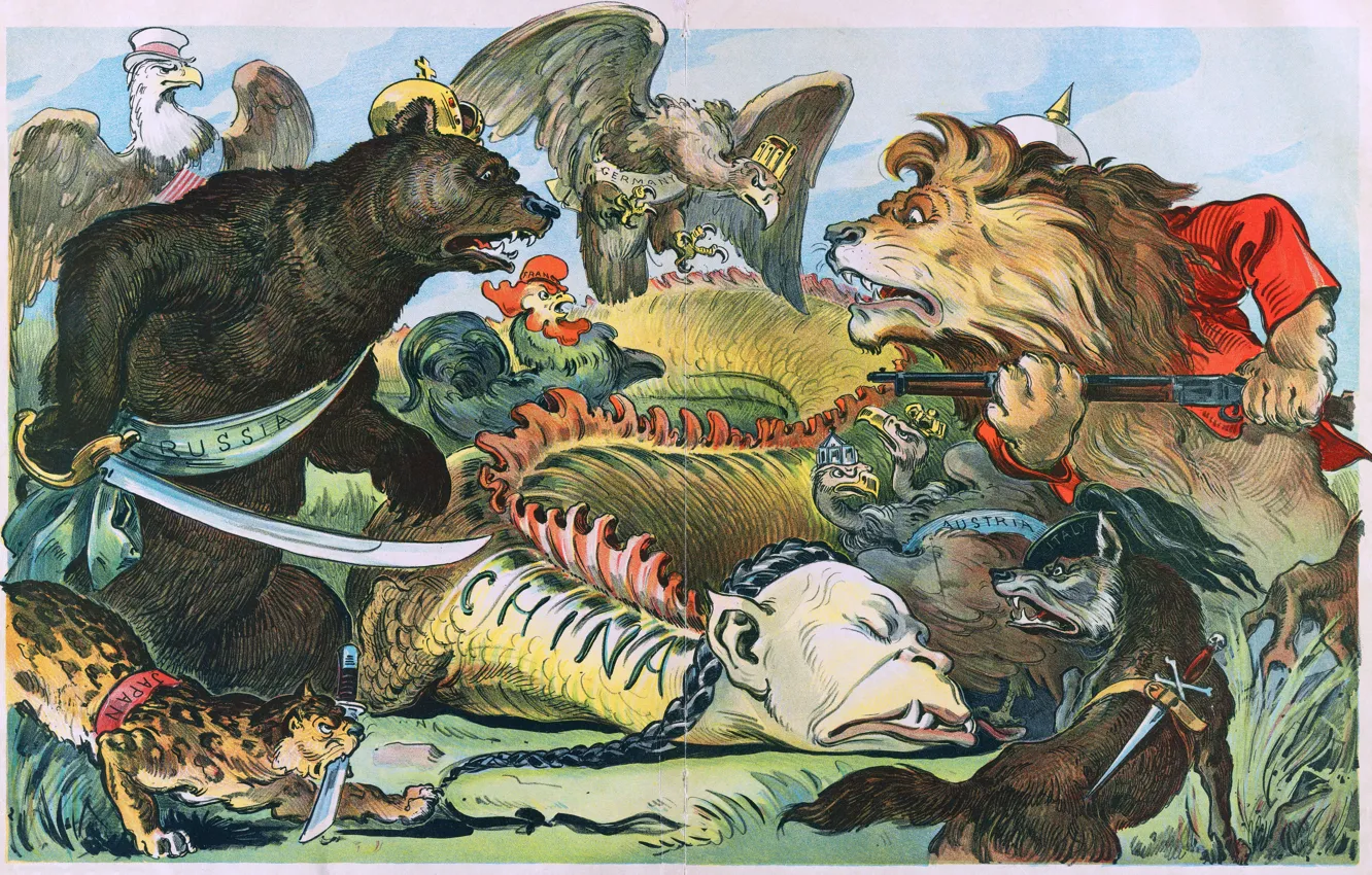 Photo wallpaper the opposition, picture, caricature, the Russian Empire, Chinese dragon, Russian bear, American cartoonist, Late 19th …