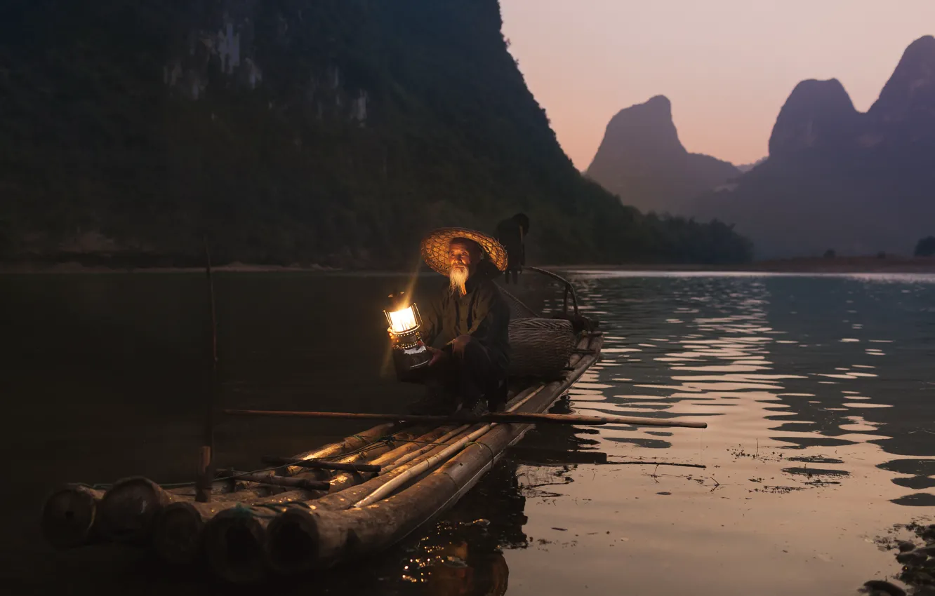 Photo wallpaper light, mountains, reflection, river, lamp, fisherman, hat, the raft
