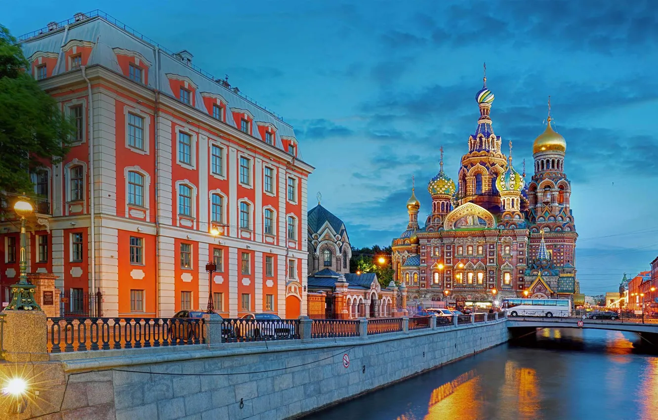 Photo wallpaper the city, building, the evening, Peter, lighting, lights, Saint Petersburg, Cathedral