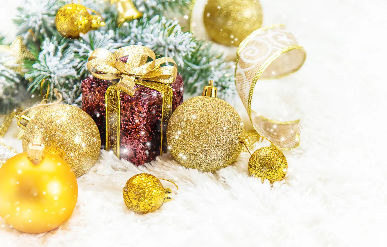 Photo wallpaper snow, decoration, gift, new year, Christmas, Christmas, snow, New Year