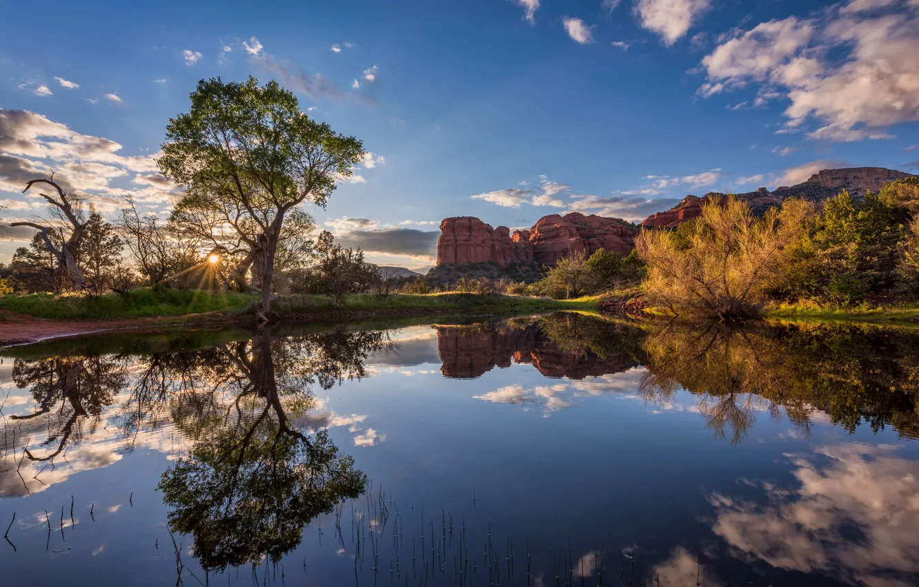 Photo wallpaper clouds, trees, lake, reflection, rocks, AZ, USA, Sedona