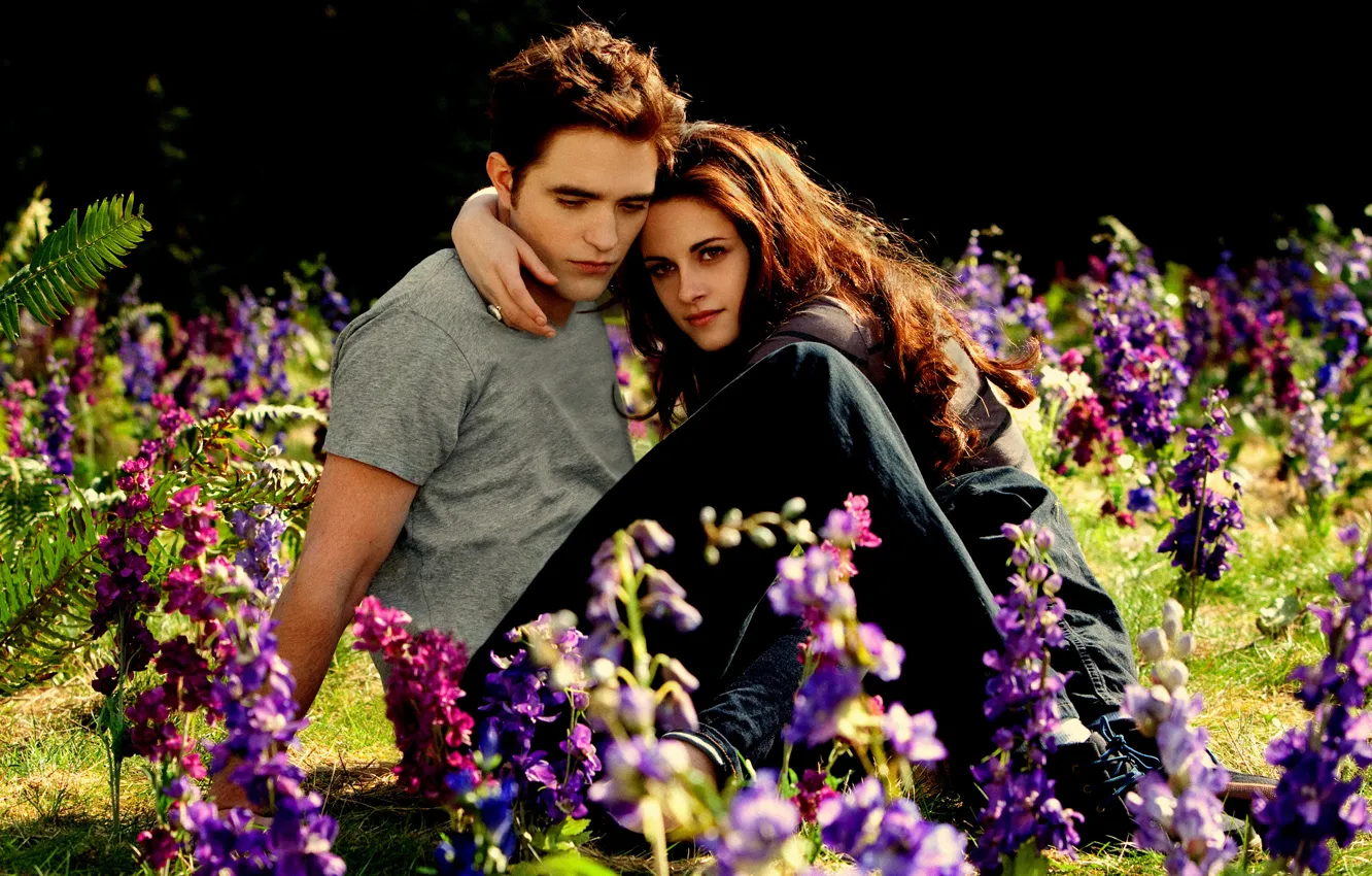 Photo wallpaper glade, Kristen Stewart, Robert Pattinson, beautiful, lovers, meadow, twilight saga