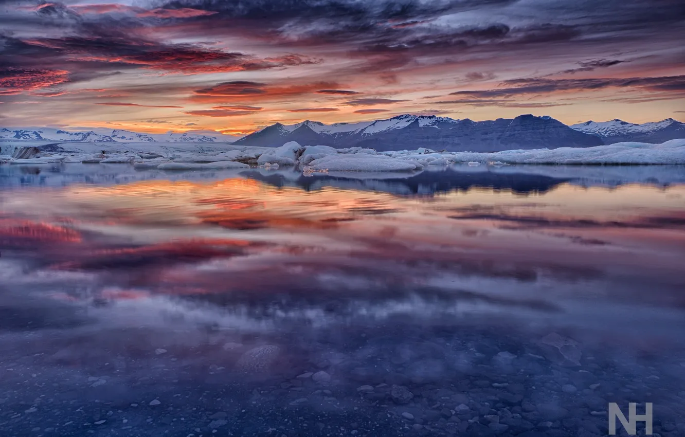 Photo wallpaper sunset, mountains, the ocean, glacier