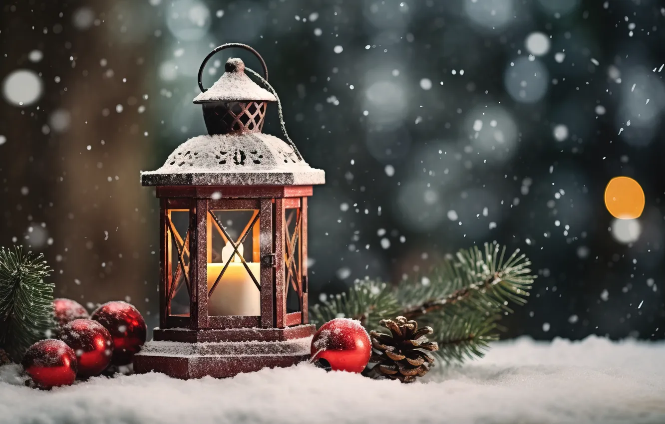 Photo wallpaper winter, snow, decoration, night, new year, Christmas, lights, light